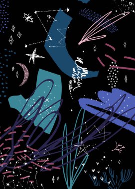 Yıldızlı Dünya uzay sahnesi vektörü, sisli galaksi dokusu. Koyu renkler. Yıldızlar ve gezegenler illüstrasyon. Poster, duvar kağıdı, afiş, düzen, kapak ve daha fazlası için iyi