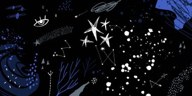 Yıldızlı Dünya uzay sahnesi vektörü, sisli galaksi dokusu. Koyu renkler. Yıldızlar ve gezegenler illüstrasyon. Poster, duvar kağıdı, afiş, düzen, kapak ve daha fazlası için iyi