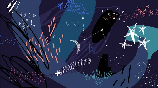 Starry Earth Space scen vektor, dimmigt galax textur. Mörka färger. Stjärnor och planeter illustration. Bra för affisch, tapeter, banner, layout, omslag och mer — Stock vektor