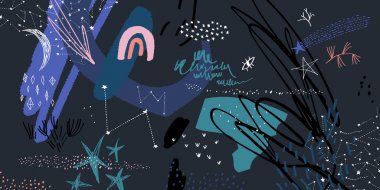 Yıldızlı Dünya uzay sahnesi vektörü, sisli galaksi dokusu. Koyu renkler. Yıldızlar ve gezegenler illüstrasyon. Poster, duvar kağıdı, afiş, düzen, kapak ve daha fazlası için iyi