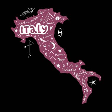 Vector handdrawn stylized map of Italy. Travel doodle illustration with landmarks and animals clipart