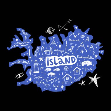 Vektör handdrawn ada Haritası stilize. Simgesel yapılar ve hayvanlar ile seyahat Doodle illüstrasyon