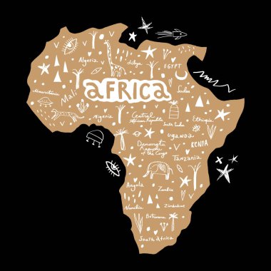 Afrika vektör handdrawn stilize haritası. Simgesel yapılar ve hayvanlar ile seyahat Doodle illüstrasyon