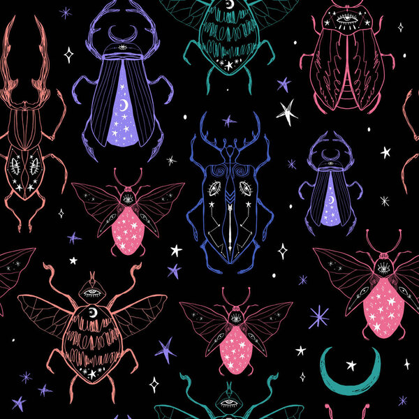 Seamless pattern with hand drawn space magic beetles. Sacred Moon symbol, abstract