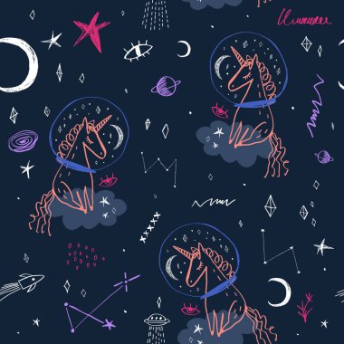 Uzay ve tek boynuzlu at, doodle çocukça vektör çizim