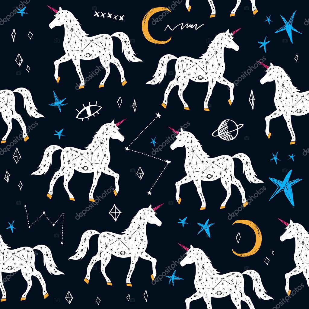 Magic cute unicorn walking in Galaxy, constellations seamless pattern. Nursery vector