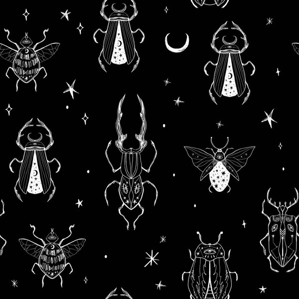 Seamless pattern with hand drawn space magic beetles. Sacred Moon symbol, abstract