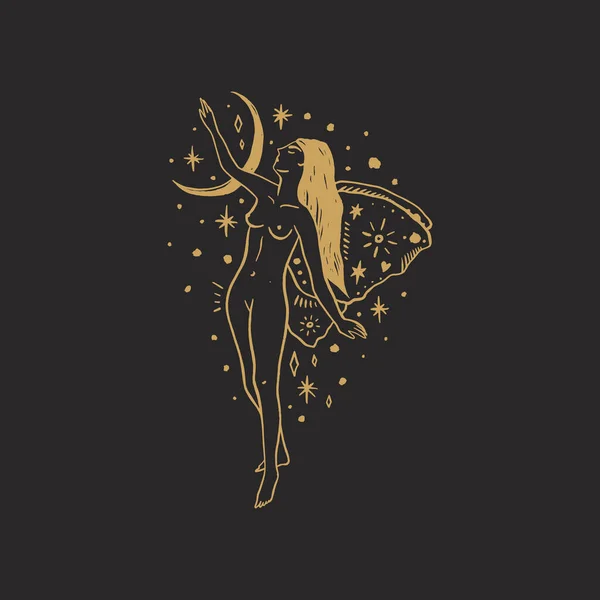 Fairy flicka fjäril mal med långt hår och halvmåne magiska symboler. Häxkonsthantverkskultur. Harmoni och zen. Elegant kvinnlig tatueringskonst. Isolerad vektorillustration. Naken vacker kvinna — Stock vektor