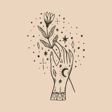 Büyücülük kültürü konsepti. Ahenk ve zen. Dövmeli mehndi insan eli ve hilal şeklinde sihirli semboller. Zarif dövme çizimi. İzole vektör illüstrasyonu.