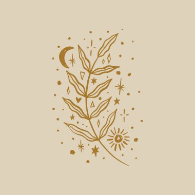 Ay çocuğu dalı. Modern orman cadısı kavramı. Büyücülük kültürü. Ahenk ve zen. Hilal sihirli semboller. Vektör illüstrasyonu.