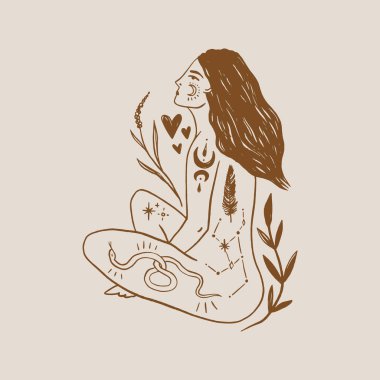 Dövmeli kız uzun saç yogası meditasyonu. Vahşi ay çocuğu. Modern cadı kavramı. Büyücülük kültürü. Ahenk ve zen. Hilal sihirli semboller. Vektör illüstrasyonu.
