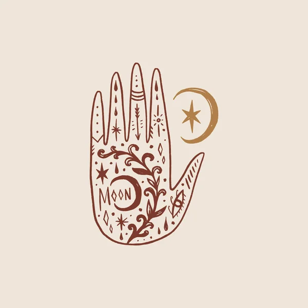 Boszorkányság kultúra koncepció. Harmónia és zen. Tetovált mehndi emberi kéz és félhold mágikus szimbólumok. Elegáns tetoválás. Elszigetelt vektor illusztráció. — Stock Vector