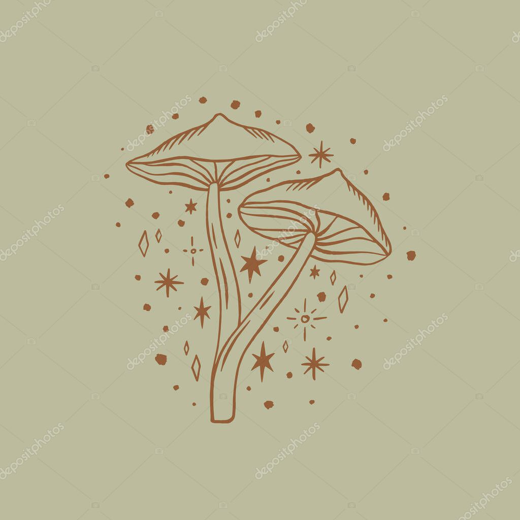 Witchcraft mushrooms set. Magical potion ingredients. Cartoon doodle style. Forest magic. Vector illustration.