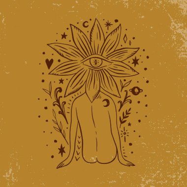 Hippi çiçekli ay çocuğu. Modern boho konsepti. Çiçek kültürü. Ahenk ve zen. Hilal sihirli semboller. Vektör illüstrasyonu.