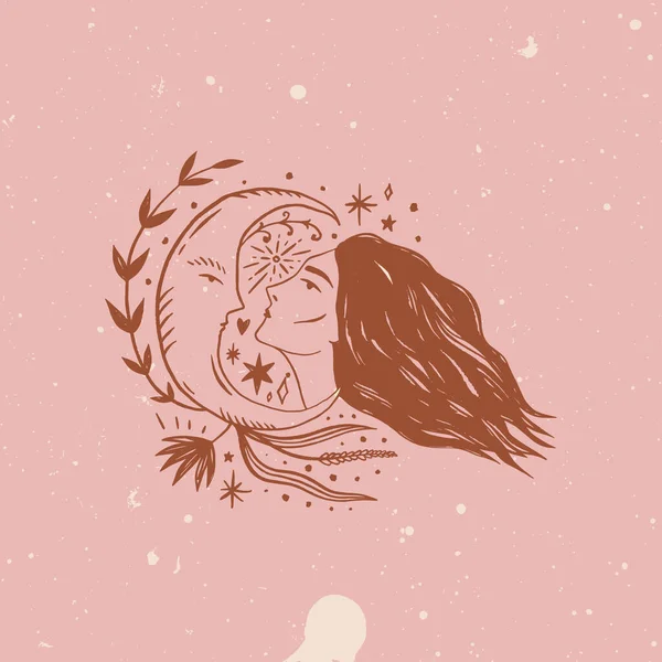 Niña lunar salvaje. Enfrenta un concepto moderno de bruja. Brujería cultura femenina. Armonía y zen. Símbolos mágicos de luna creciente. Ilustración vectorial . — Vector de stock