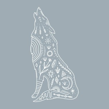 Kurt ve gece manzarası içeride, çifte çekim. Vahşi yaşam konsepti. Boho dövme sanatı, fantezi etnik tarzı. Süslü hayvan. Vektör illüstrasyonu.