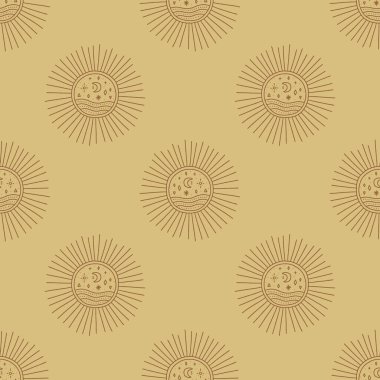 Güneş ve Ay. Modern boho konsepti. Ahenk ve zen. Hilal sihirli semboller. Vektörsüz desen.