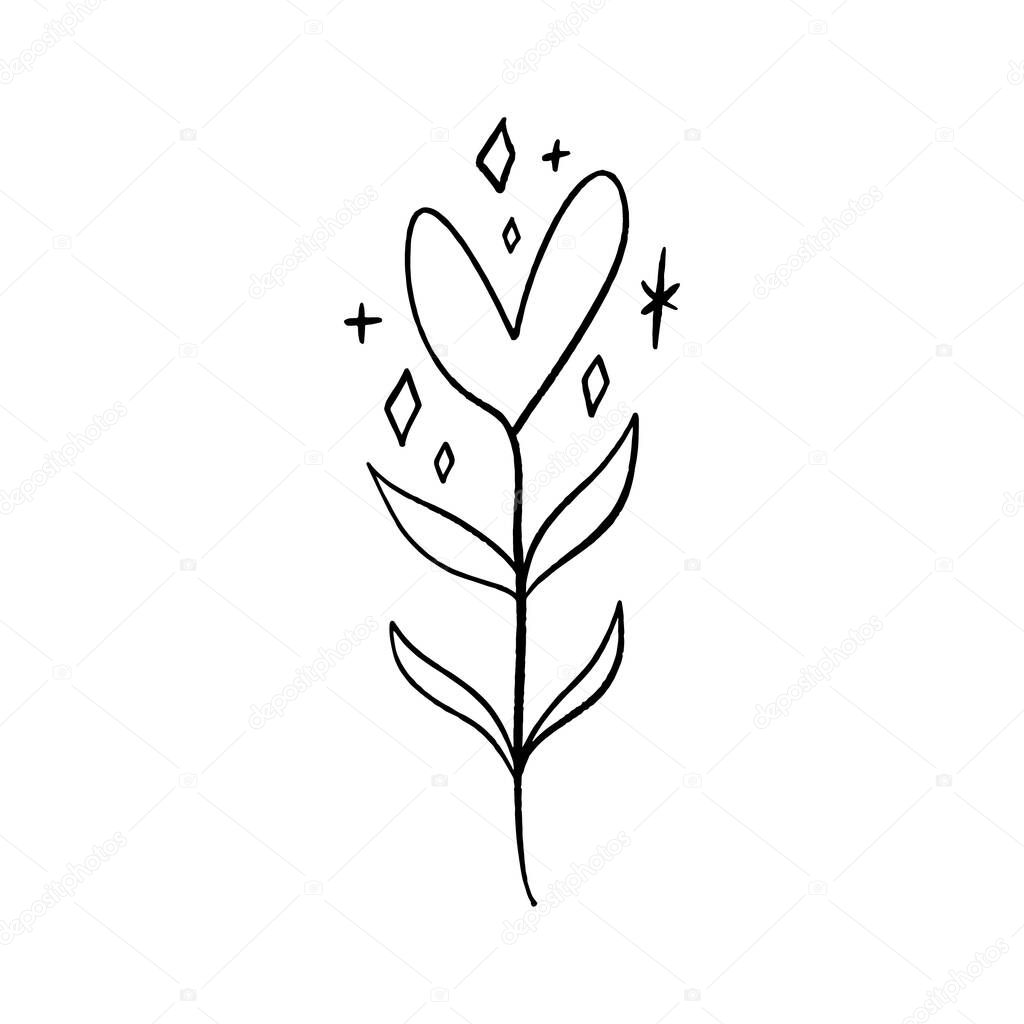Minimalist plant. Single continuous art leaf branch. Eco natural design concept, one line, sketch outline drawing, vector illustration.