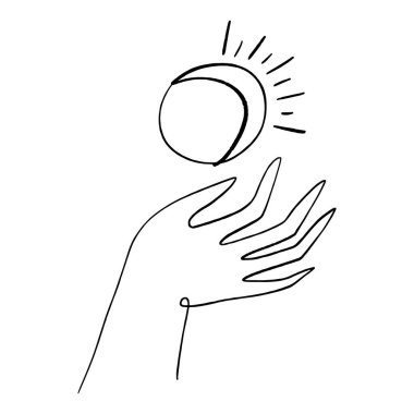 El ve ay. El çizimi stili logo ya da simge. Moda, güzellik, cilt bakımı konsepti. Çizgi sanat vektörü illüstrasyonu.