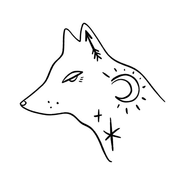 Λογότυπο Wolf φεγγάρι. Διακοσμητικό ζώο. Σύγχρονη έννοια μάγισσα. Η κουλτούρα της μαγείας. Χάρμονι και Ζεν. Ημισέληνα μαγικά σύμβολα. Εικονογράφηση διανύσματος. — Διανυσματικό Αρχείο