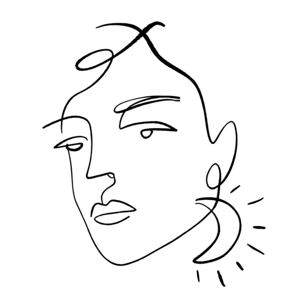 Cara de dibujo de línea continua. Pendiente de luna, peinado, concepto de moda. Ilustración vectorial minimalista, belleza femenina. Perfecto para el diseño de camisetas, impresión de arte . — Archivo Imágenes Vectoriales