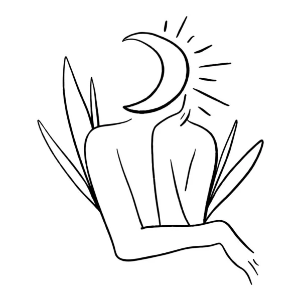 Mujer con luna en la cabeza. Misteriosa dama de arte. Ilustración minimalista de línea dibujada a mano vectorial en estilo boho. Yoga, meditación, zen . — Archivo Imágenes Vectoriales