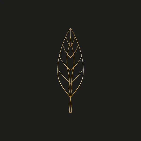 Sacred line geometric symbol with plant leaf, gold figure on black background. Abstract mystic geometry. Vector illustration. — Stock Vector