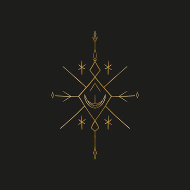 Aylı kutsal çizgi geometrik sembol, siyah arkaplanda altın şekil. Soyut mistik geometri. Vektör illüstrasyonu.