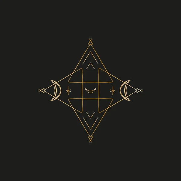 Símbolo geométrico de línea sagrada con luna, figura dorada sobre fondo negro. Geometría mística abstracta. Ilustración vectorial. — Archivo Imágenes Vectoriales