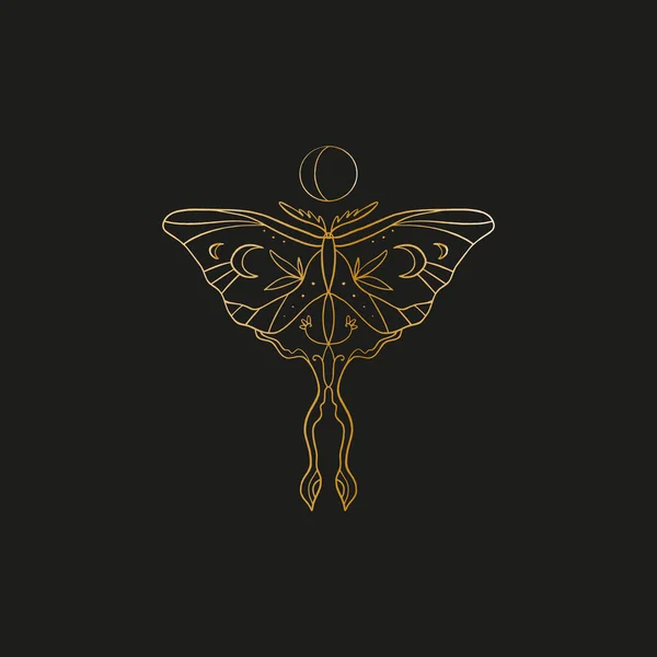 Sacred line geometric symbol with butterfly and moon phase, gold figure on black background. Abstract mystic geometry. Vector illustration. — Stock Vector