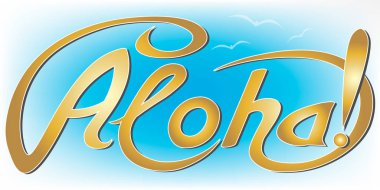 El yazıt aloha altın harfler, mavi gökyüzü ile Martı, Hawaii tebrik