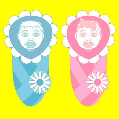 Yenidoğan hastaneden bir zarf içinde ve bir emzik ile. Bir kız ve bir oğlan. Vektör çizim.