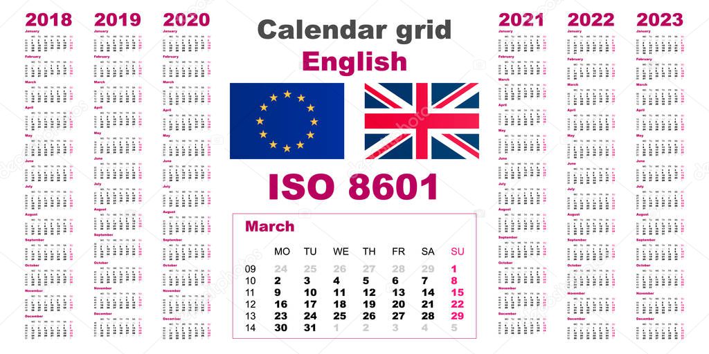 Set grid wall calendar english for 2018, 2019, 2020, 2021, 2022, 2023, ISO 8601 with weeks