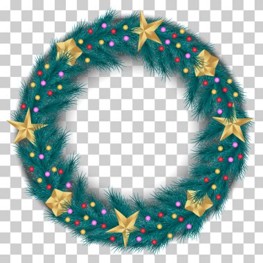 Noel çelenk altın yıldızlar ve boncuklarla süslü şeffaf bir arka plan üzerinde gerçekçi Ladin Çam dalı