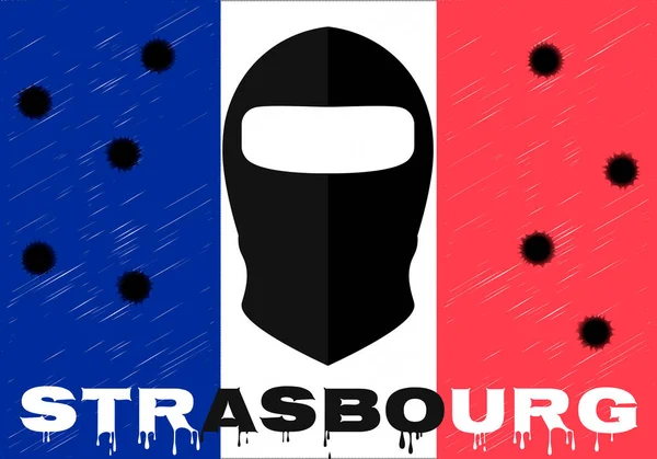 O ato terrorista de 11 de outubro de 2018 em Estrasburgo, França. Tiro, luto pelos mortos, terroristas, buracos de bala, buracos de bala, sangue. Vetor de eventos . — Vetor de Stock