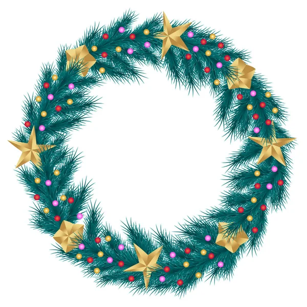 Corona de Navidad de ramas realistas de abeto de pino aisladas sobre fondo blanco, decoradas con estrellas doradas y cuentas —  Fotos de Stock