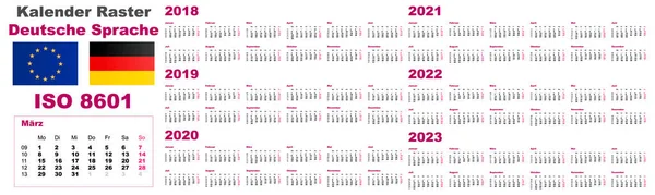 Definir calendário de parede da grade Deutsche German holandês language para 2018, 2019, 2020, 2021, 2022, 2023, ISO 8601 com semanas —  Vetores de Stock