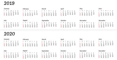 2019 2020 takvim yılı - illüstrasyon. Hafta Pazar Amerikan standardını temel başlar.