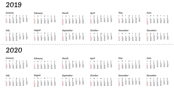 Année Civile 2019 2020 Illustration Semaine Commence Dimanche Standard Américain — Photo