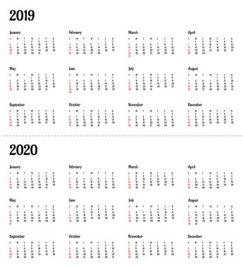 2019 2020 takvim yılı - illüstrasyon vektör. Hafta Pazar Amerikan standardını temel başlar.