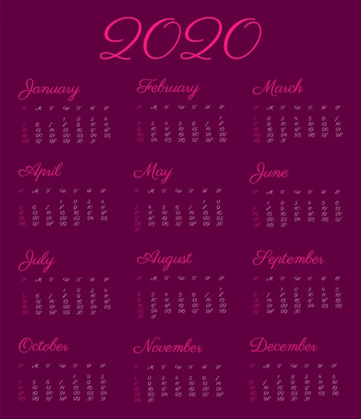 2020 calendar year - illustration, vintage font. The week starts on Sunday according to the American standard.