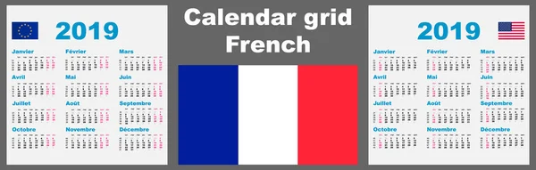 Calendar french france 2019. Set grid wall ISO 8601 Illustration template with week numbering. illustration