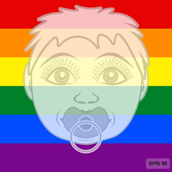 Un niño de la familia LGBT. Cabeza del niño sobre el fondo de los colores de la bandera del arco iris — Vector de stock