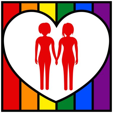 İki lezbiyen kalbin arka planına ve Lgbt bayrağına karşı el ele tutuşuyor. Vektör