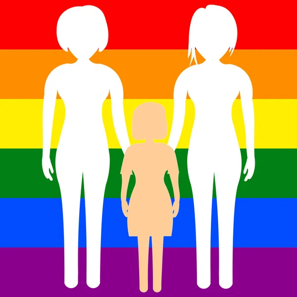 Familia homosexual de dos lesbianas con una niña en el fondo de la bandera LGBT. Vector — Vector de stock