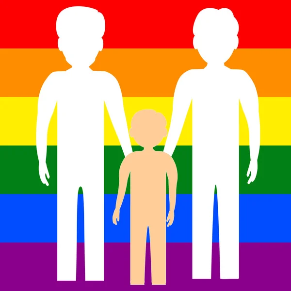 Familia homosexual de dos gays con un niño cuando era adolescente en el contexto de la bandera LGBT. Vector — Vector de stock