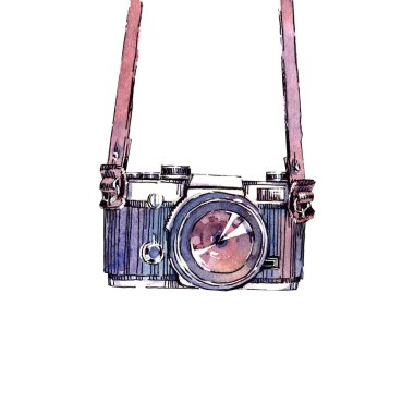 izole kırpma yolu beyaz zemin üzerine suluboya retro vintage analog hipster film kamera