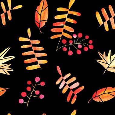 Dikişsiz desen izole kırpma yolu ile siyah arka plan üzerine suluboya elle çizilmiş sonbahar yaprakları