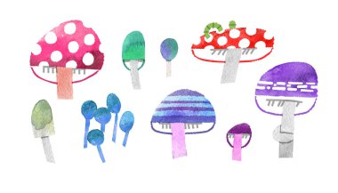 Halüsinojenik sihirli mantar suluboya illüstrasyon izole kırpma yoluyla tasarımınız için beyaz arka plan üzerinde büyük toplama