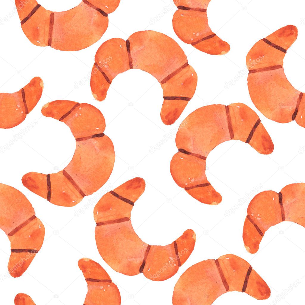 Seamless watercolor pattern with croissants isolated on white background with clipping path